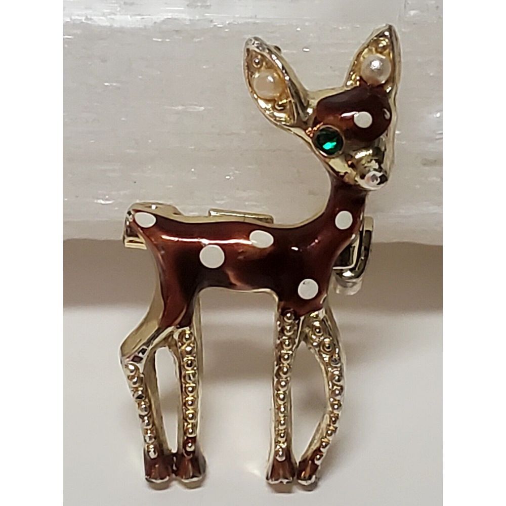 VTG Brooch Spotted Fawn Deer Enamel Embellish Faux Pearl Ear Green Eye Gold Pin